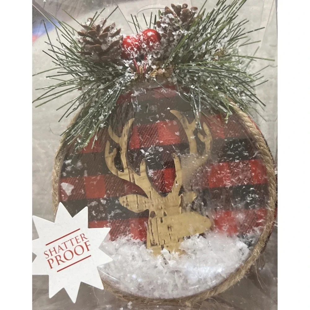 New Set Of 4 Snow Globe Plaid Deer Christmas Ornament Pine‎ Berries Farmhouse 4